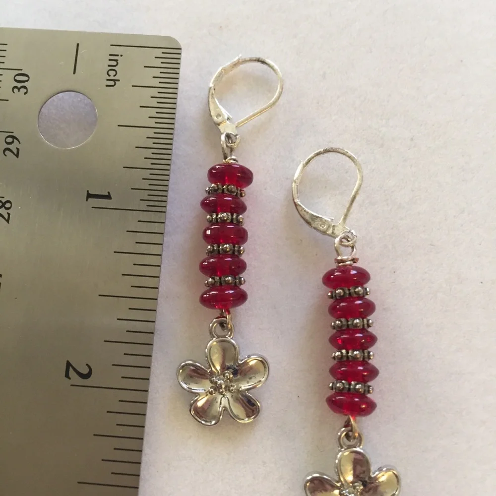 HAND CRAFTED Earrings Red Glass Silver Plated Flowers